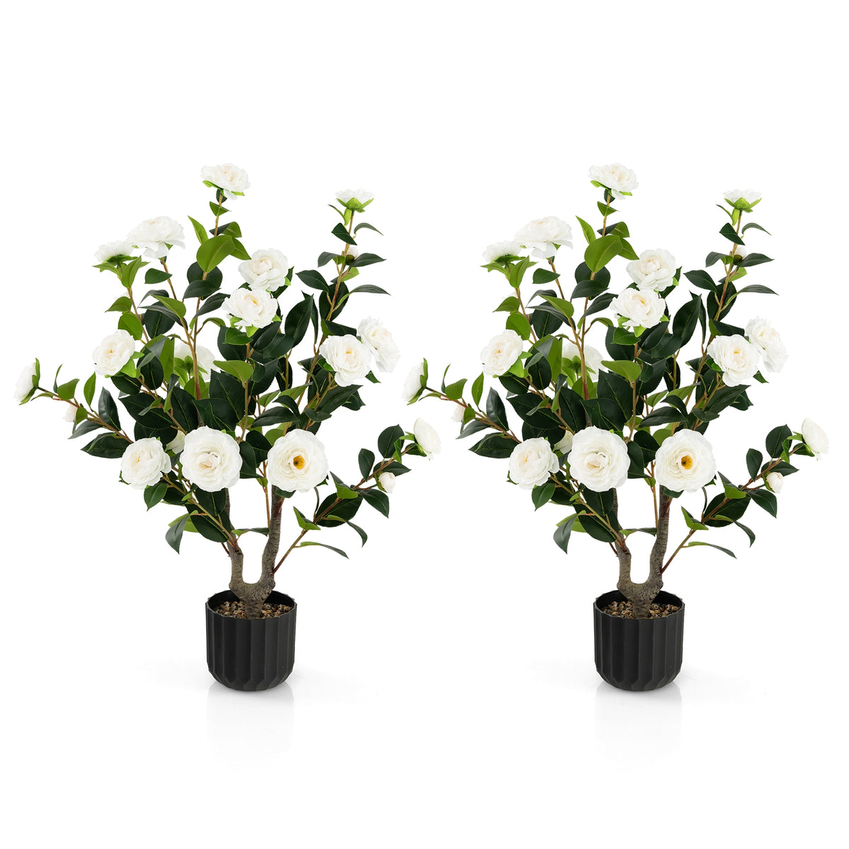 38 Inch Artificial Camellia Tree Faux Flower Plant in Cement Pot 2 Pack-White-Artificial Plants-DECOROLALA