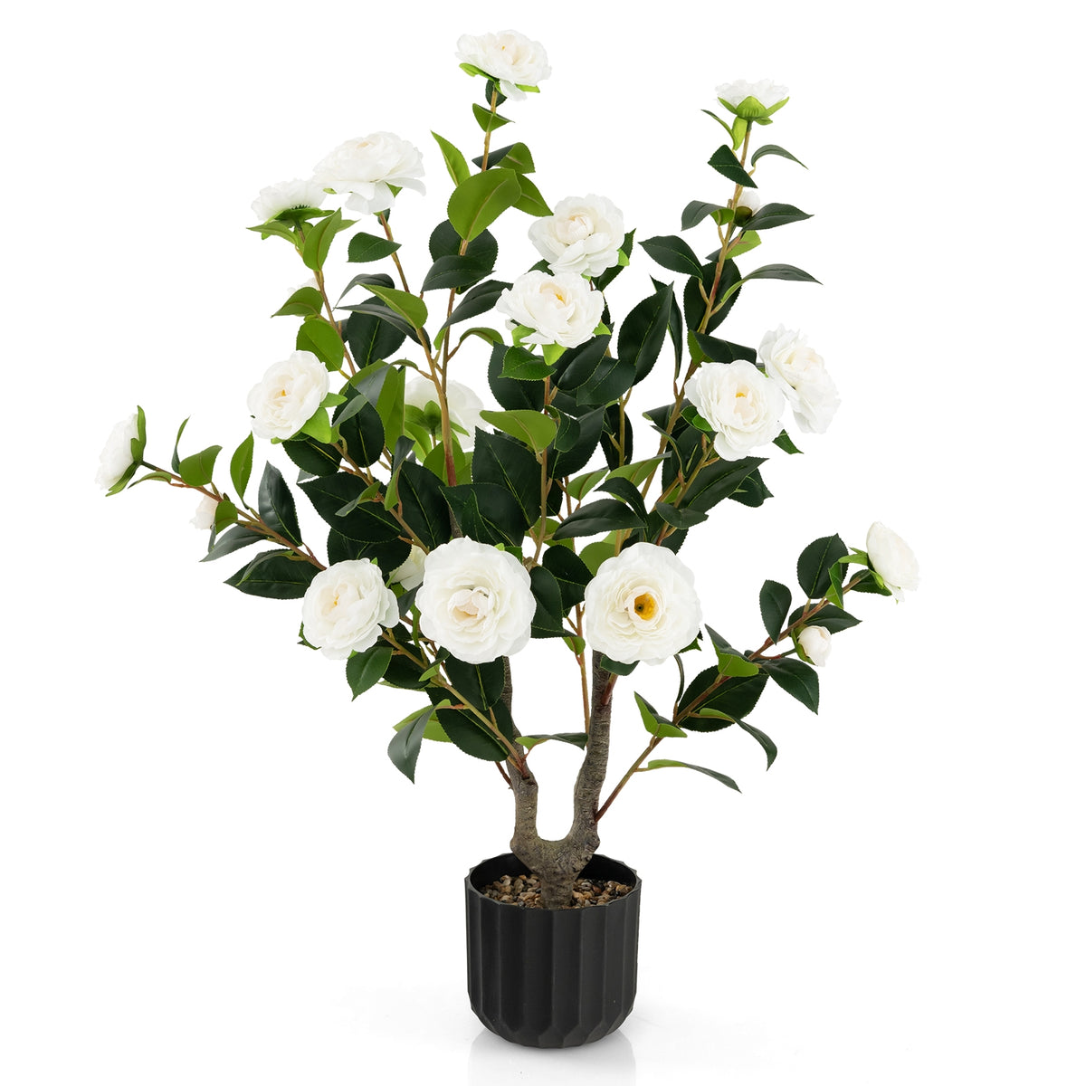 38 Inch Artificial Camellia Tree Faux Flower Plant in Cement Pot 2 Pack-White-Artificial Plants-DECOROLALA