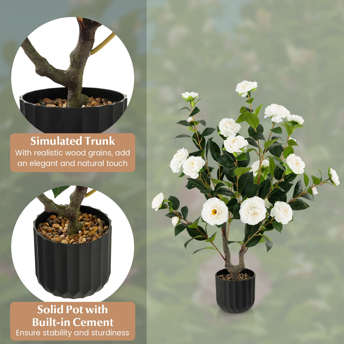 38 Inch Artificial Camellia Tree Faux Flower Plant in Cement Pot 2 Pack-White-Artificial Plants-DECOROLALA