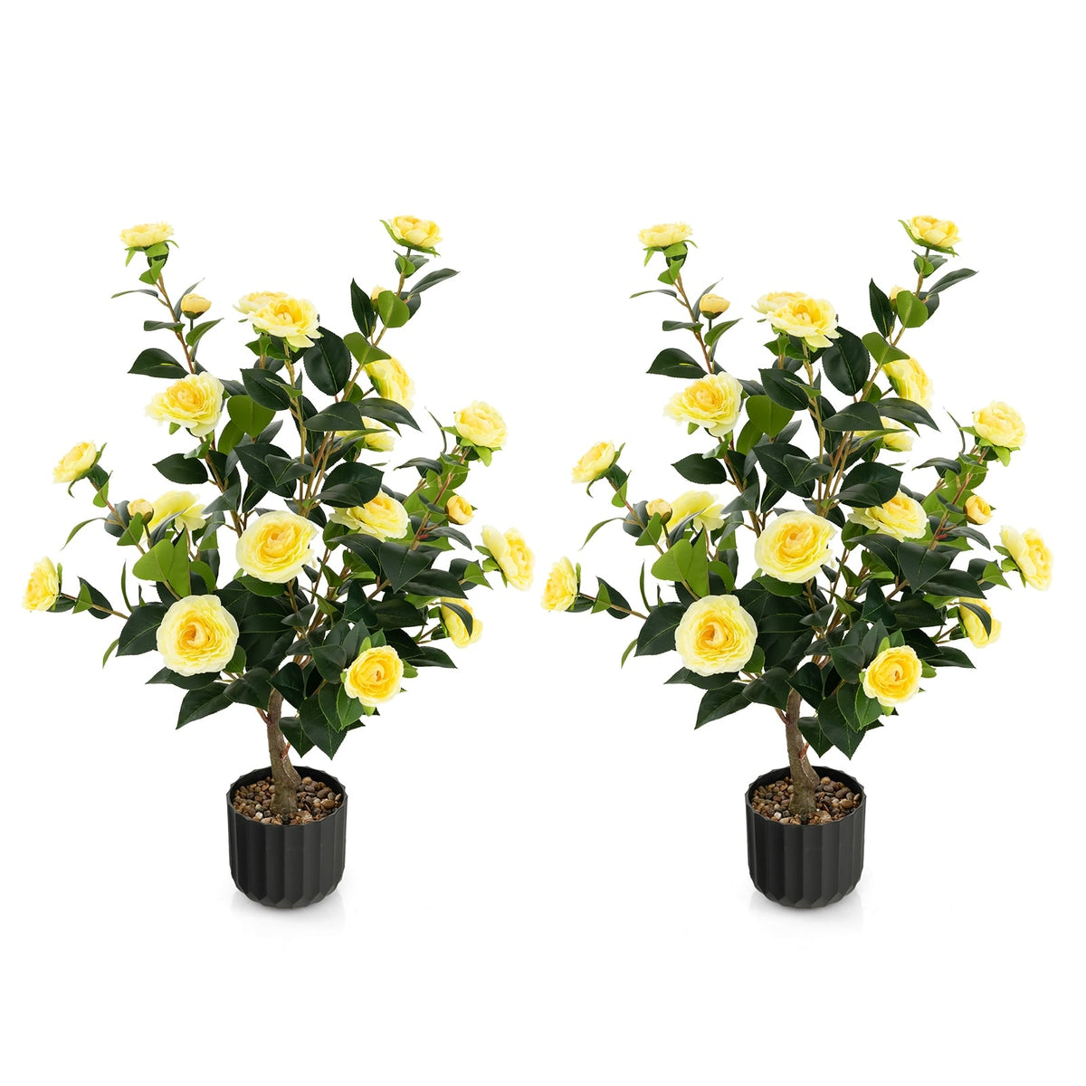 38 Inch Artificial Camellia Tree Faux Flower Plant in Cement Pot 2 Pack-Yellow-Artificial Plants-DECOROLALA