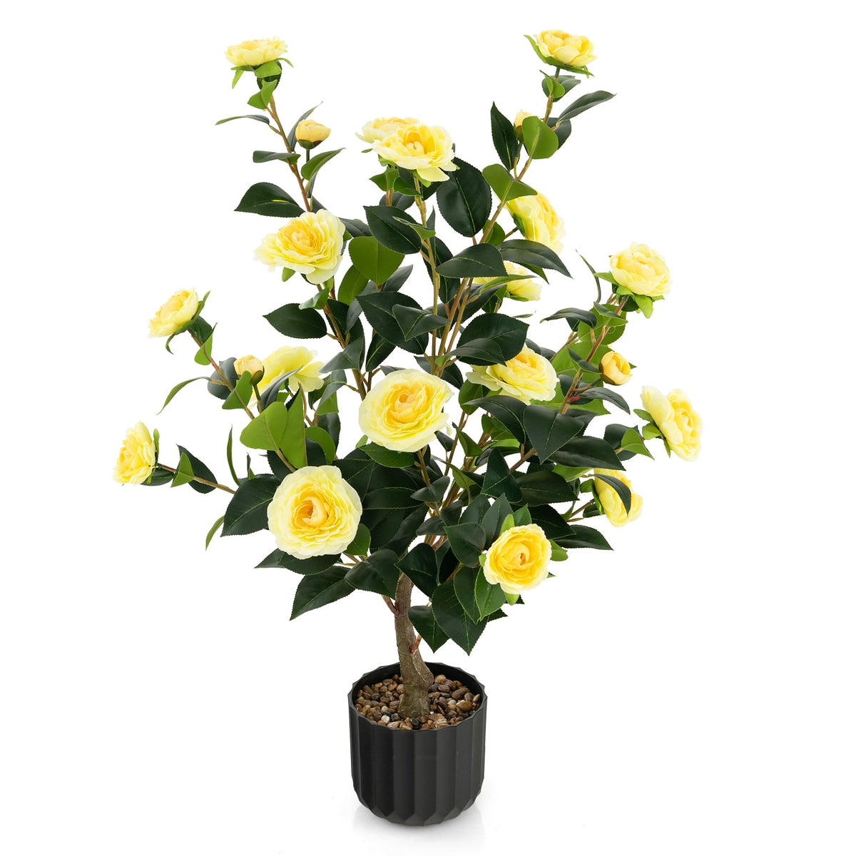 38 Inch Artificial Camellia Tree Faux Flower Plant in Cement Pot 2 Pack-Yellow-Artificial Plants-DECOROLALA