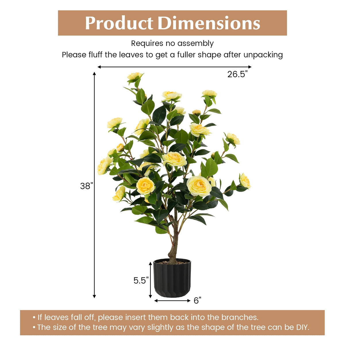 38 Inch Artificial Camellia Tree Faux Flower Plant in Cement Pot 2 Pack-Yellow-Artificial Plants-DECOROLALA