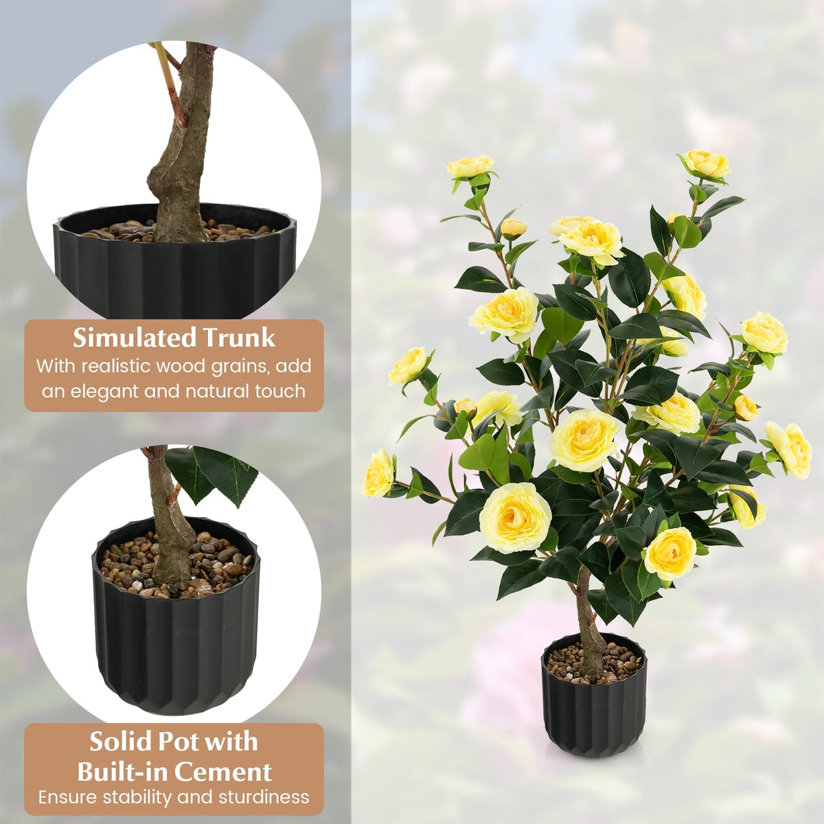 38 Inch Artificial Camellia Tree Faux Flower Plant in Cement Pot 2 Pack-Yellow-Artificial Plants-DECOROLALA