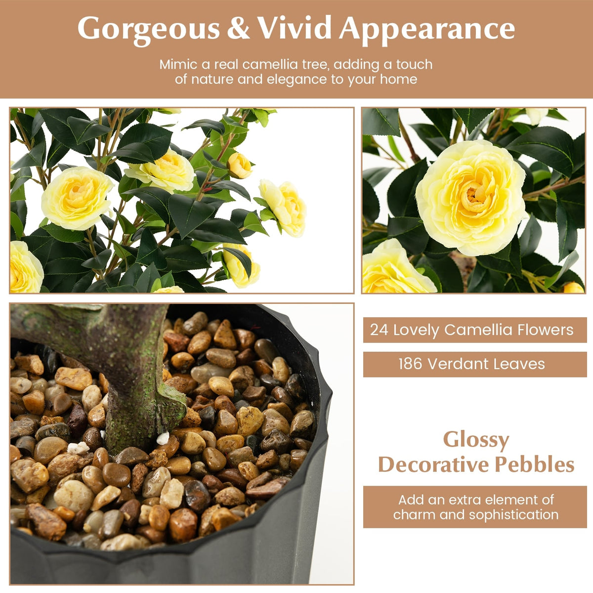38 Inch Artificial Camellia Tree Faux Flower Plant in Cement Pot 2 Pack-Yellow-Artificial Plants-DECOROLALA