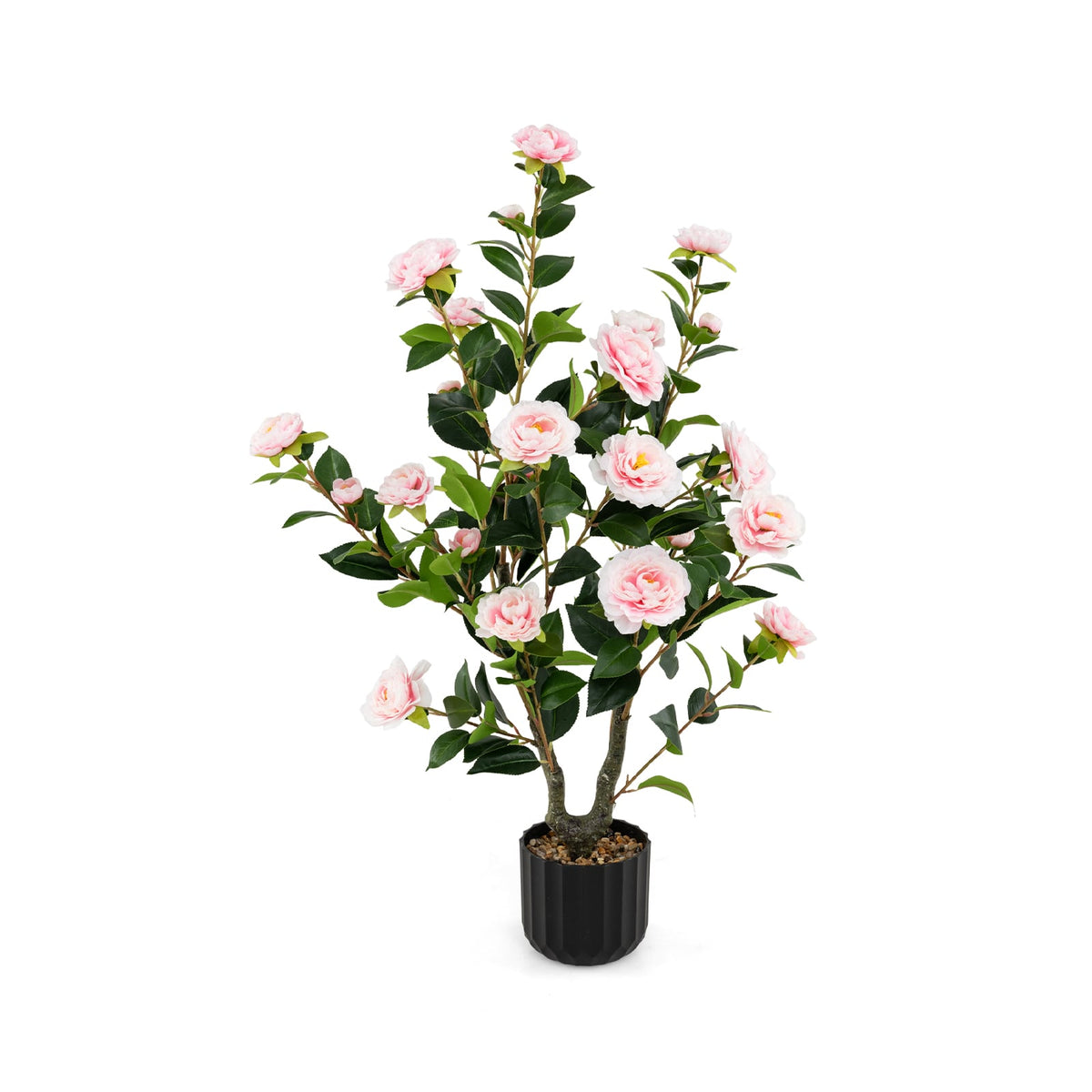 38 Inch Artificial Camellia Tree Faux Flower Plant in Cement Pot-Pink-Artificial Plants-DECOROLALA