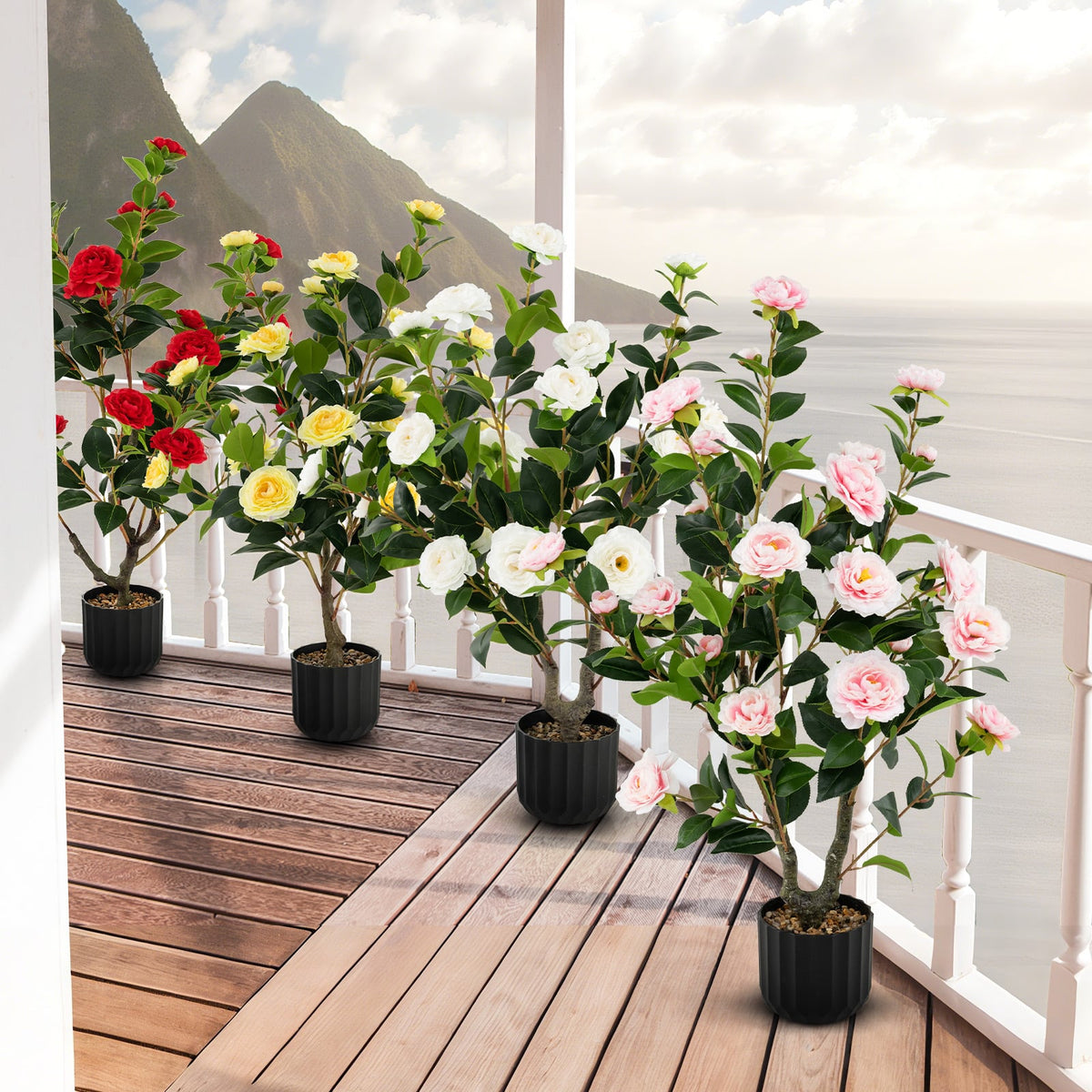38 Inch Artificial Camellia Tree Faux Flower Plant in Cement Pot-Pink-Artificial Plants-DECOROLALA