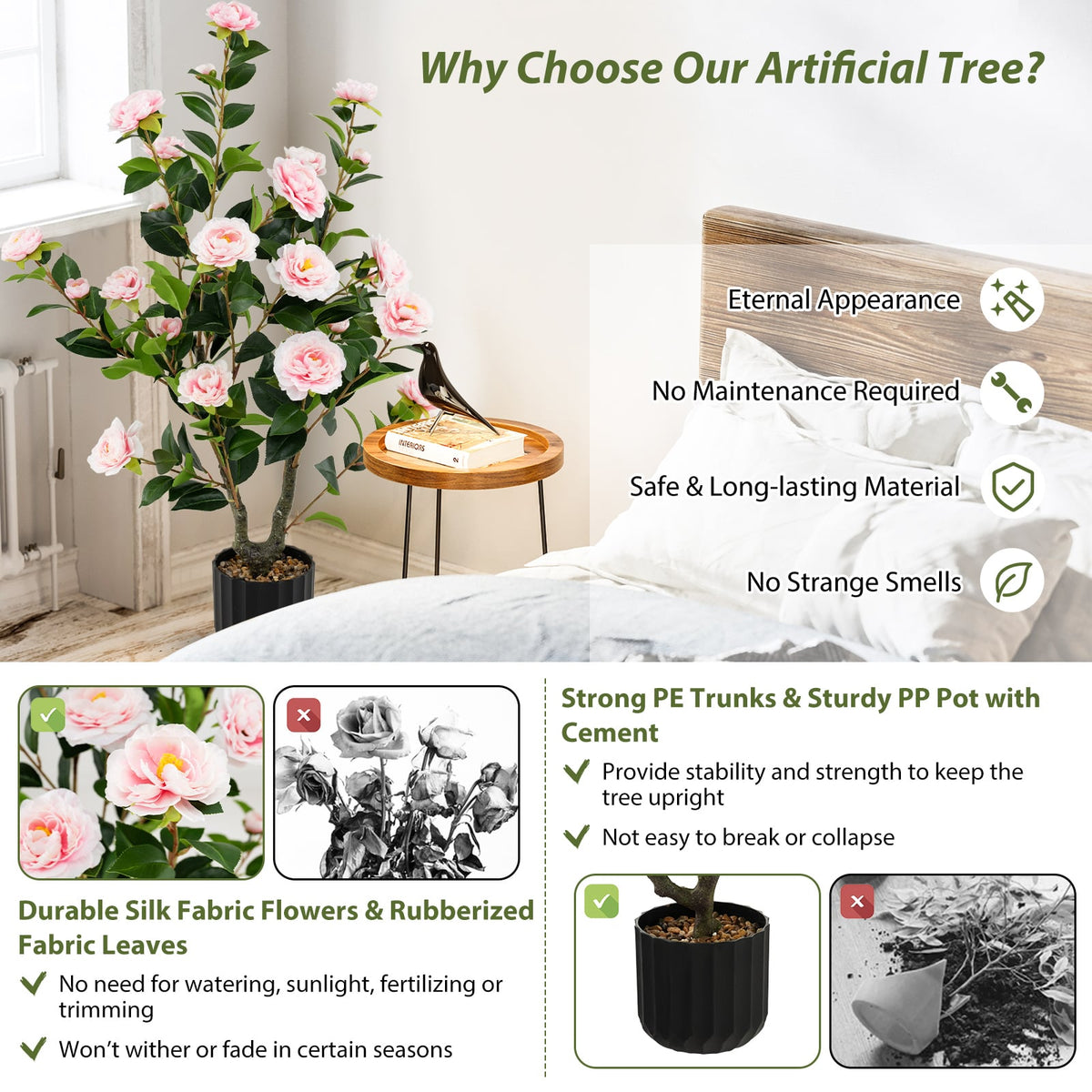 38 Inch Artificial Camellia Tree Faux Flower Plant in Cement Pot-Pink-Artificial Plants-DECOROLALA