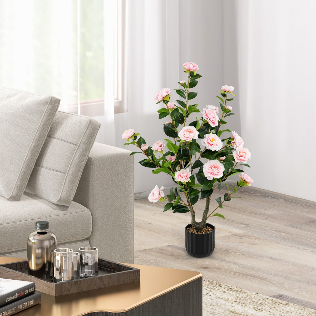 38 Inch Artificial Camellia Tree Faux Flower Plant in Cement Pot-Pink-Artificial Plants-DECOROLALA