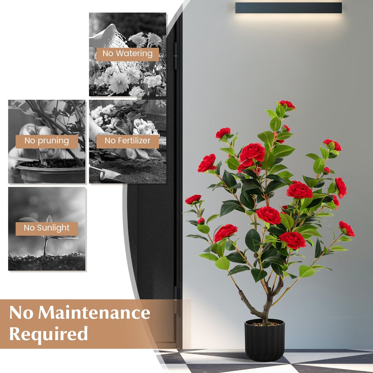 38 Inch Artificial Camellia Tree Faux Flower Plant in Cement Pot-Red-Artificial Plants-DECOROLALA