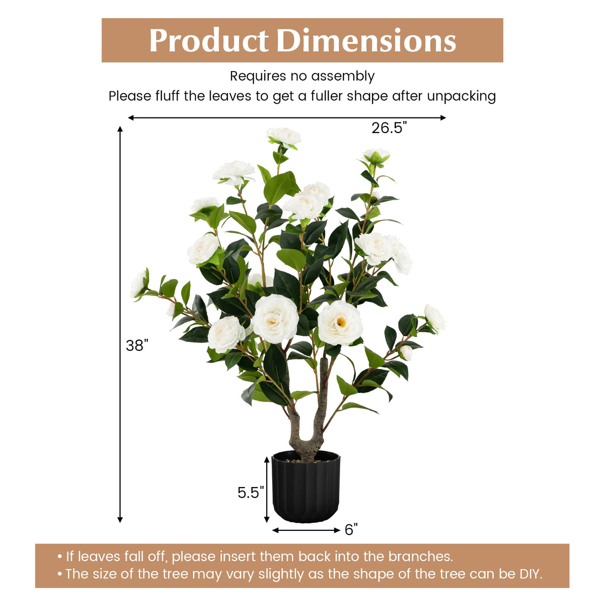 38 Inch Artificial Camellia Tree Faux Flower Plant in Cement Pot-White-Artificial Plants-DECOROLALA