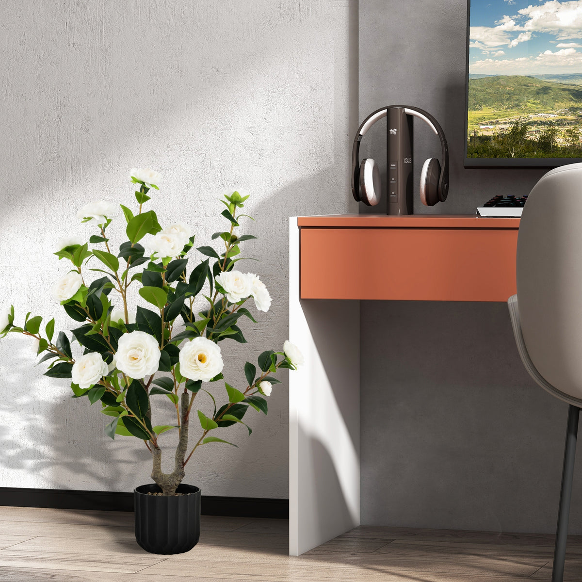 38 Inch Artificial Camellia Tree Faux Flower Plant in Cement Pot-White-Artificial Plants-DECOROLALA