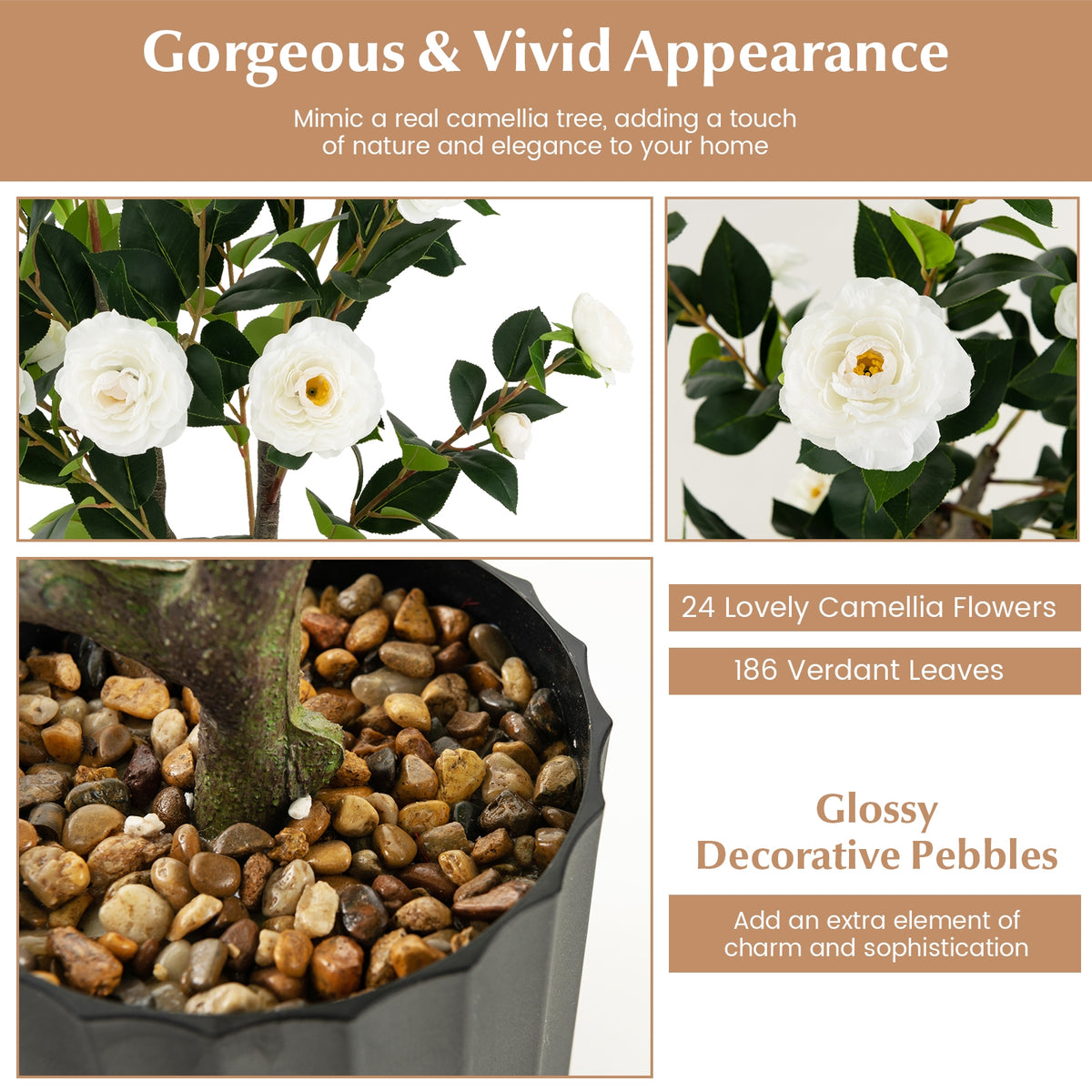 38 Inch Artificial Camellia Tree Faux Flower Plant in Cement Pot-White-Artificial Plants-DECOROLALA