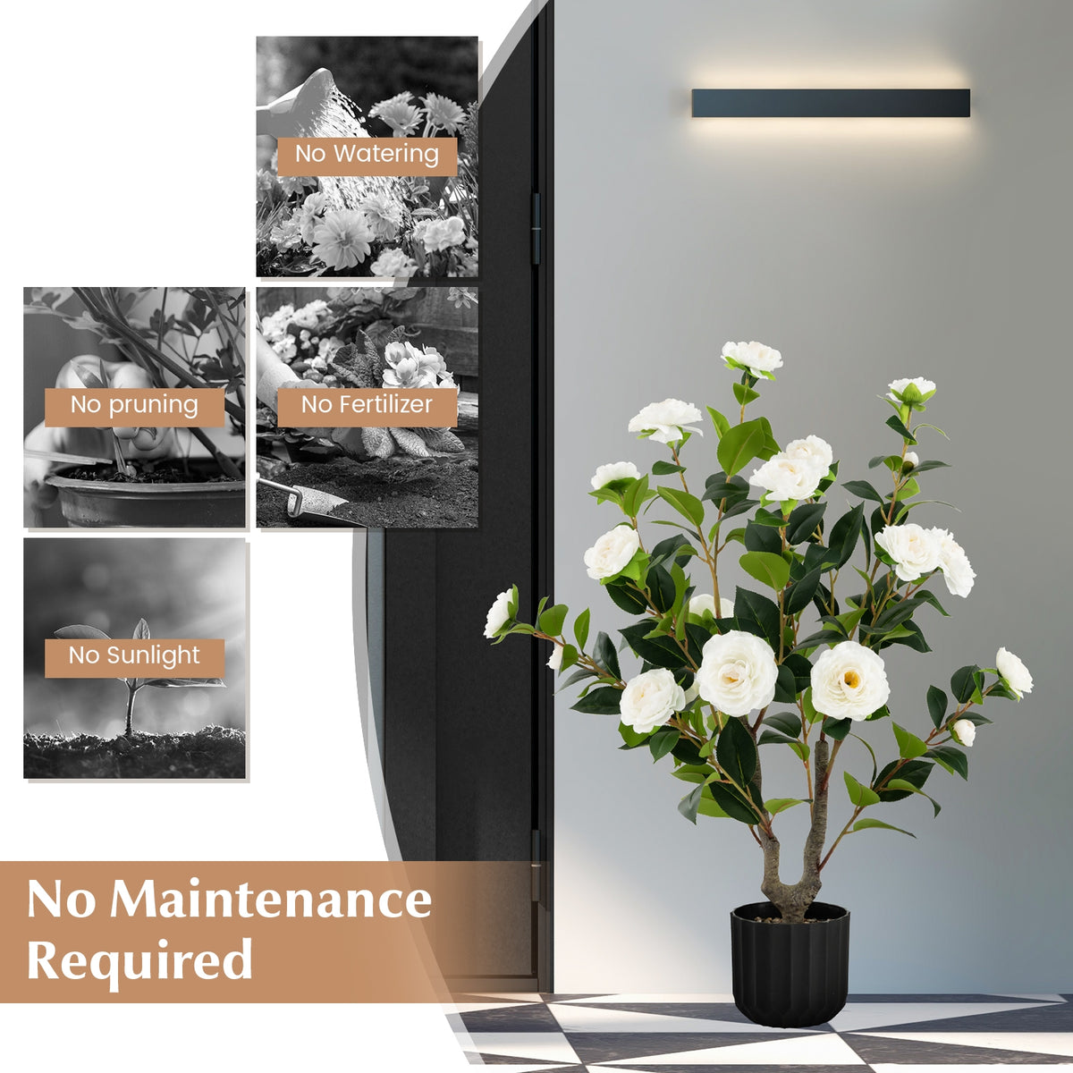 38 Inch Artificial Camellia Tree Faux Flower Plant in Cement Pot-White-Artificial Plants-DECOROLALA