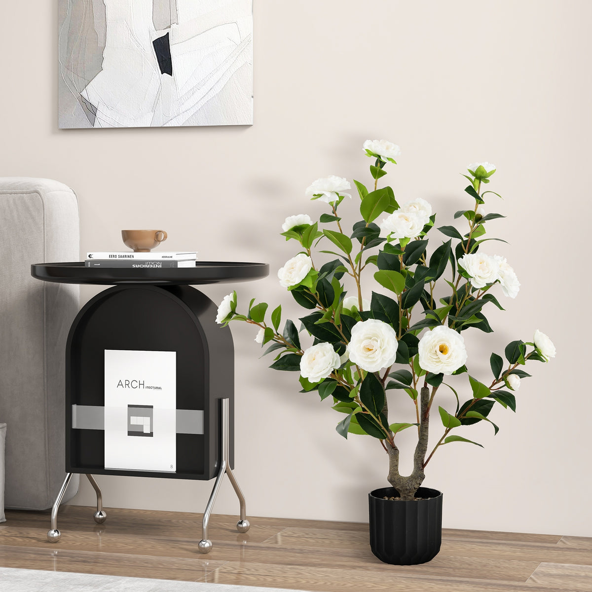 38 Inch Artificial Camellia Tree Faux Flower Plant in Cement Pot-White-Artificial Plants-DECOROLALA