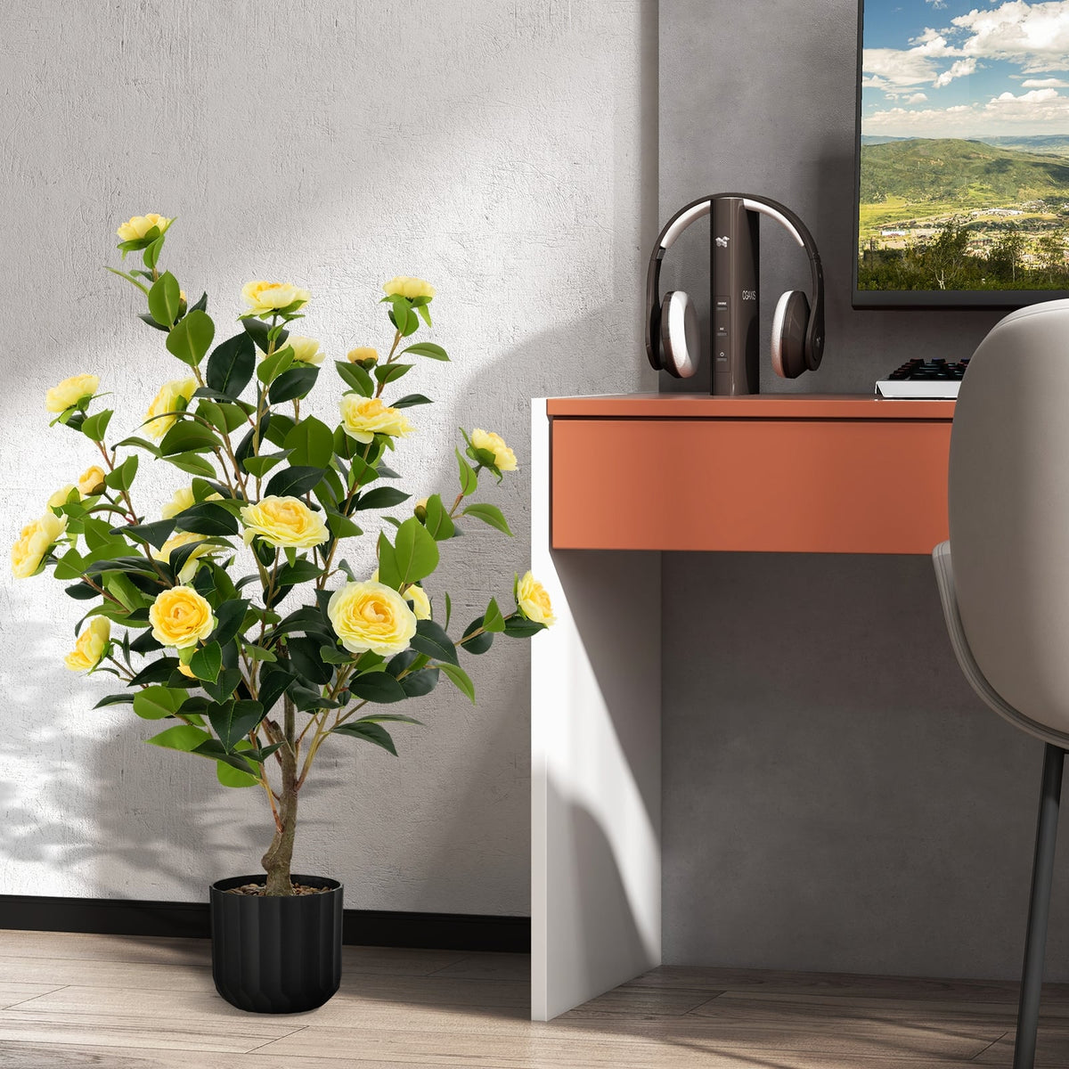 38 Inch Artificial Camellia Tree Faux Flower Plant in Cement Pot-Yellow-Artificial Plants-DECOROLALA