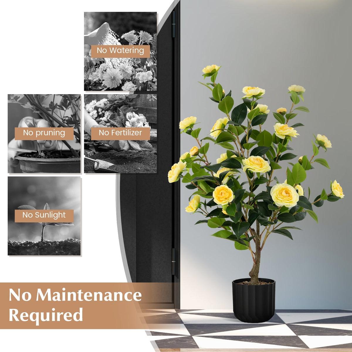 38 Inch Artificial Camellia Tree Faux Flower Plant in Cement Pot-Yellow-Artificial Plants-DECOROLALA