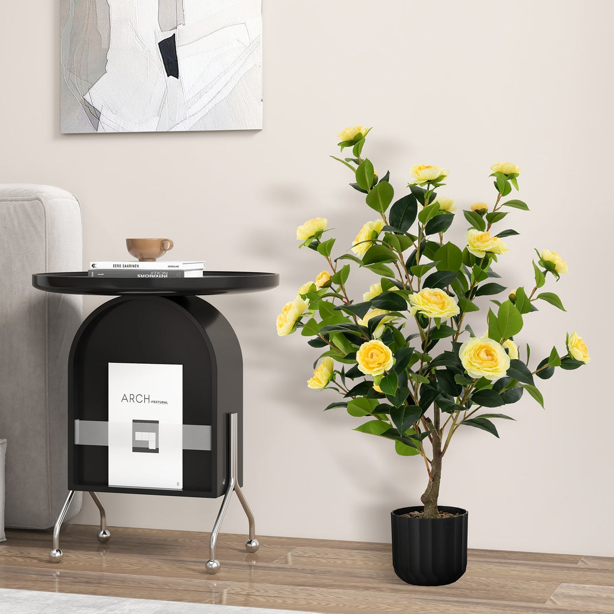 38 Inch Artificial Camellia Tree Faux Flower Plant in Cement Pot-Yellow-Artificial Plants-DECOROLALA