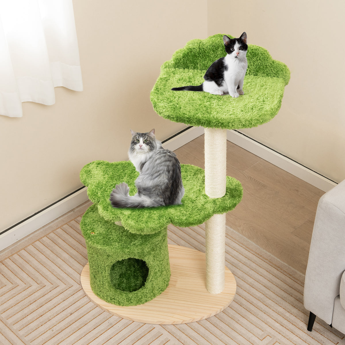 38 Inch Cute Cat Tree for Indoor Cats with Fully Wrapped Sisal Scratching Posts-Green-Cat Trees & Scratchers-DECOROLALA