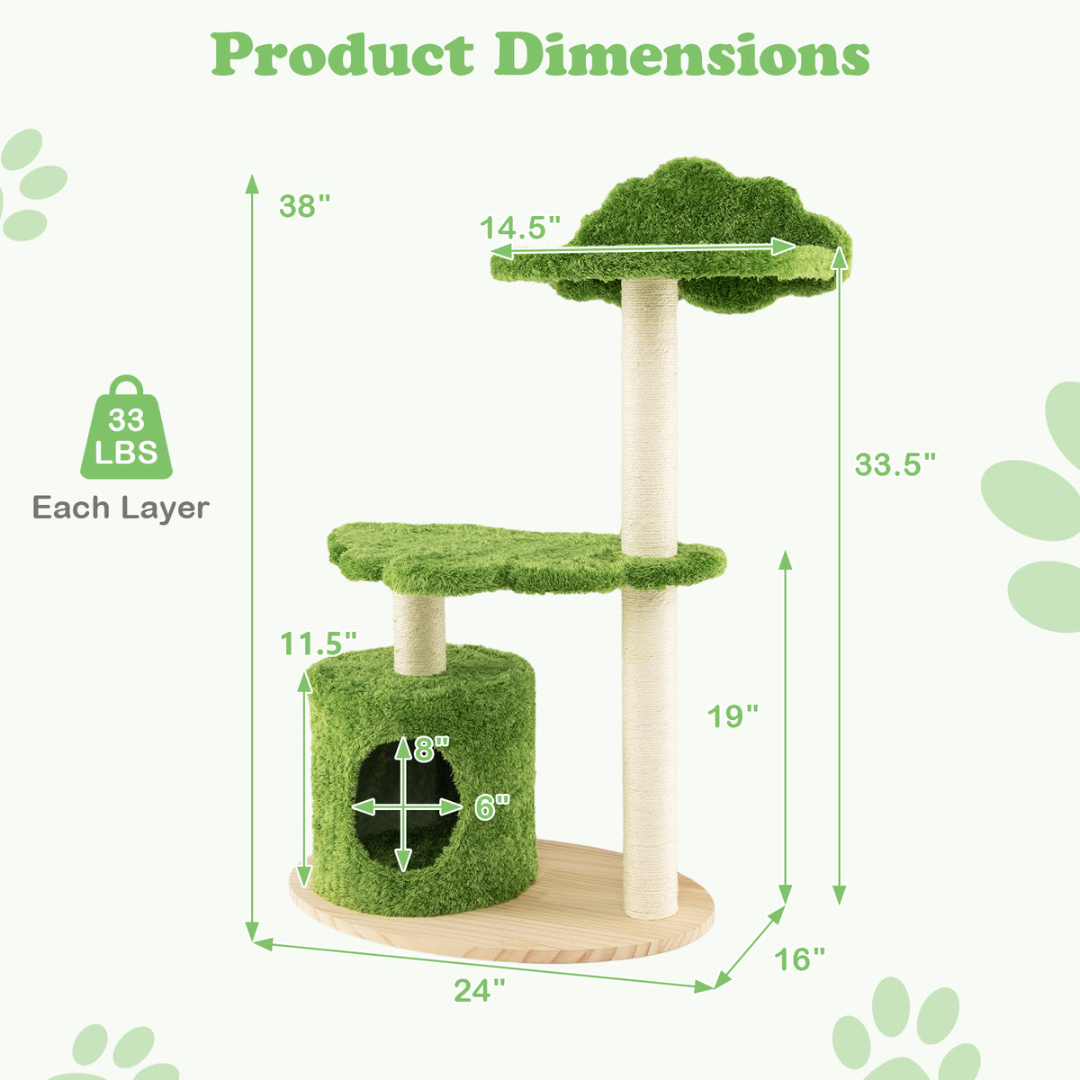 38 Inch Cute Cat Tree for Indoor Cats with Fully Wrapped Sisal Scratching Posts-Green-Cat Trees & Scratchers-DECOROLALA