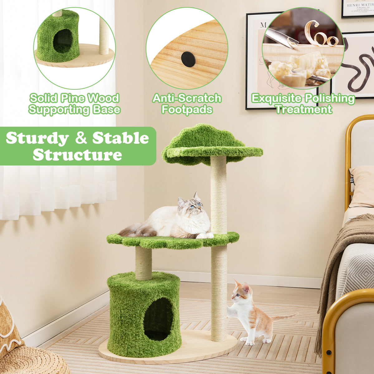 38 Inch Cute Cat Tree for Indoor Cats with Fully Wrapped Sisal Scratching Posts-Green-Cat Trees & Scratchers-DECOROLALA