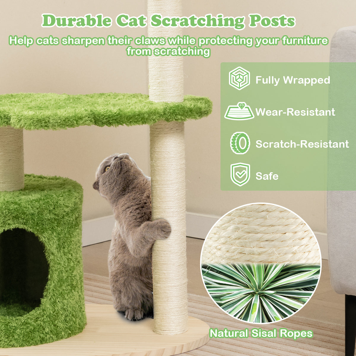 38 Inch Cute Cat Tree for Indoor Cats with Fully Wrapped Sisal Scratching Posts-Green-Cat Trees & Scratchers-DECOROLALA