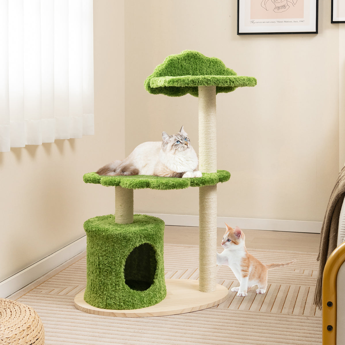 38 Inch Cute Cat Tree for Indoor Cats with Fully Wrapped Sisal Scratching Posts-Green-Cat Trees & Scratchers-DECOROLALA