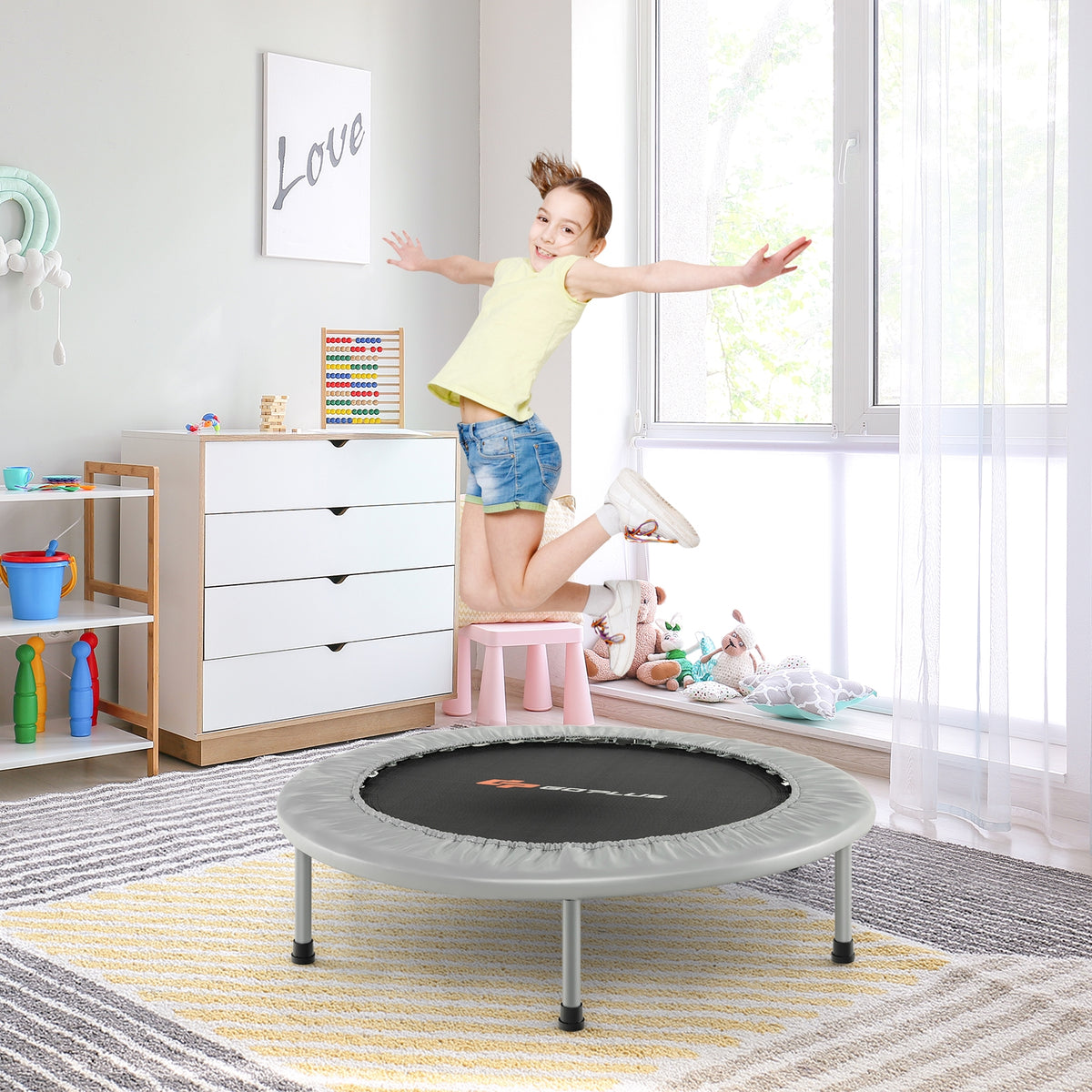 38-Inch Folding Mini Trampoline - Portable Fitness Rebounder Gray-Trampolines-DECOROLALA