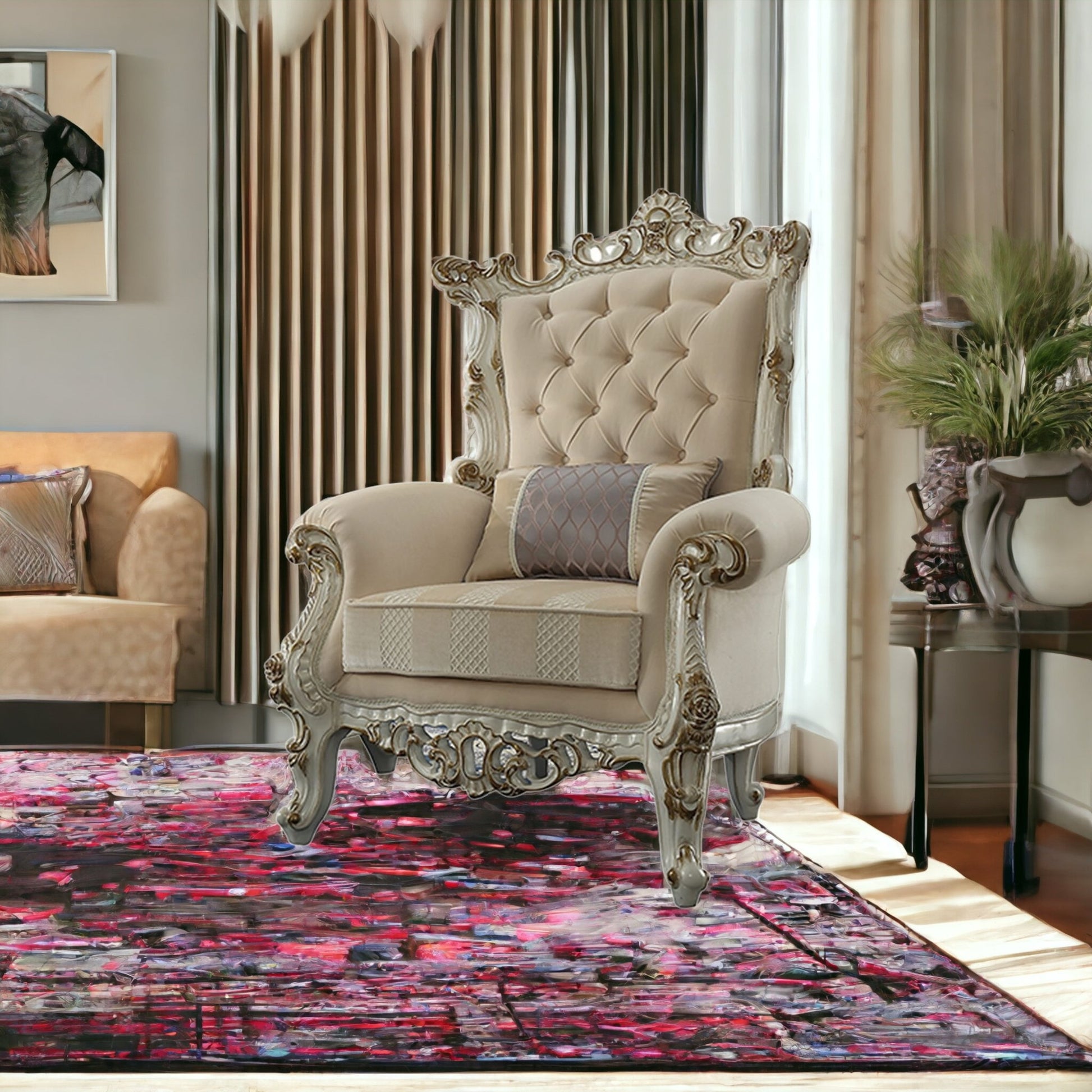 38" Pearl Fabric Striped Tufted Chesterfield Chair And Toss Pillow-Accent Chairs-DECOROLALA