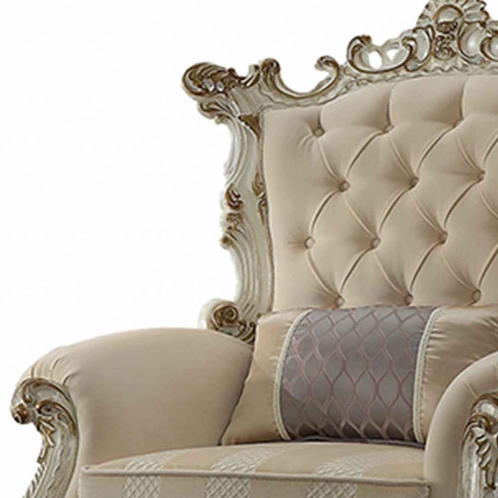 38" Pearl Fabric Striped Tufted Chesterfield Chair And Toss Pillow-Accent Chairs-DECOROLALA