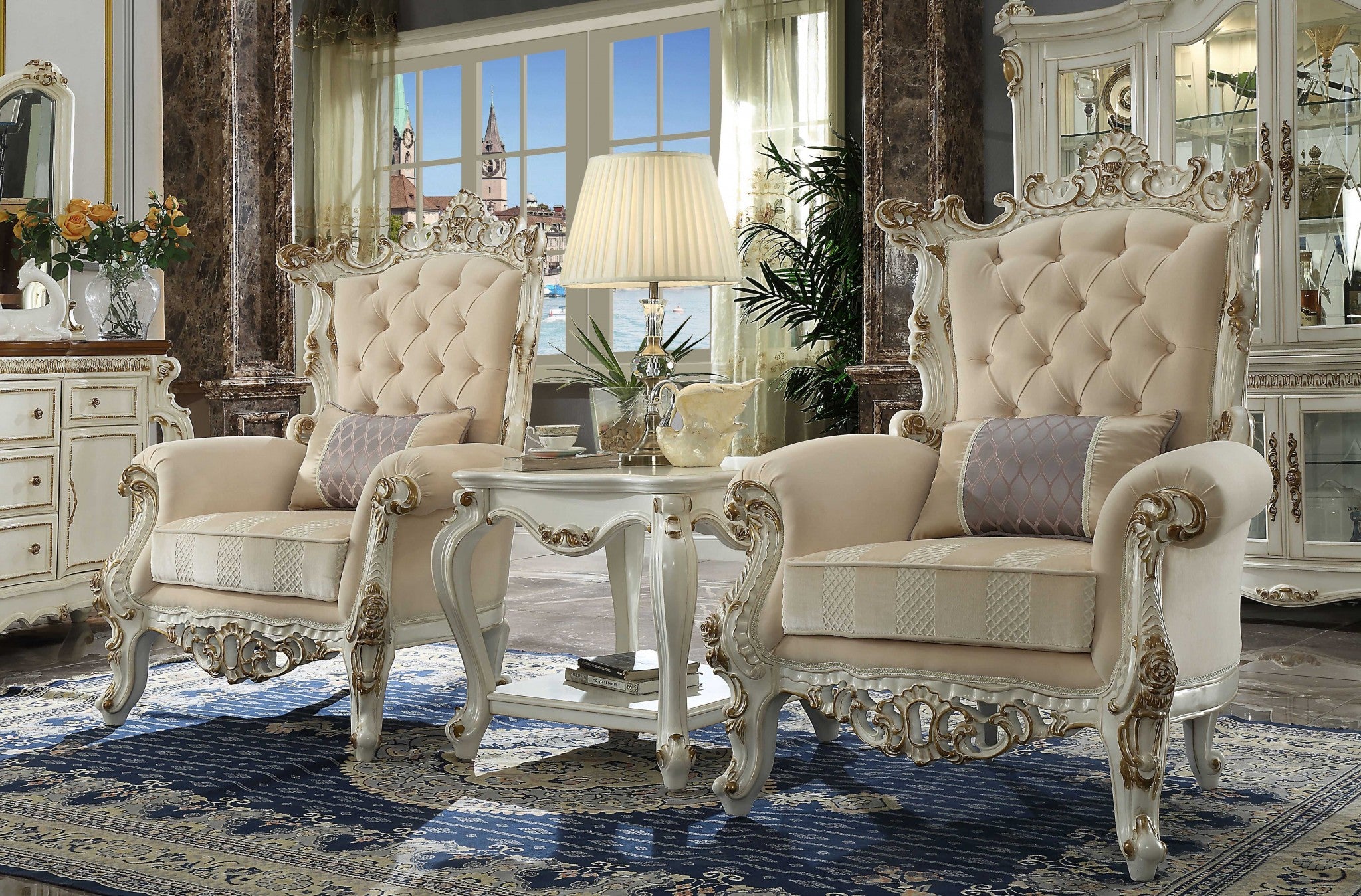 38" Pearl Fabric Striped Tufted Chesterfield Chair And Toss Pillow-Accent Chairs-DECOROLALA
