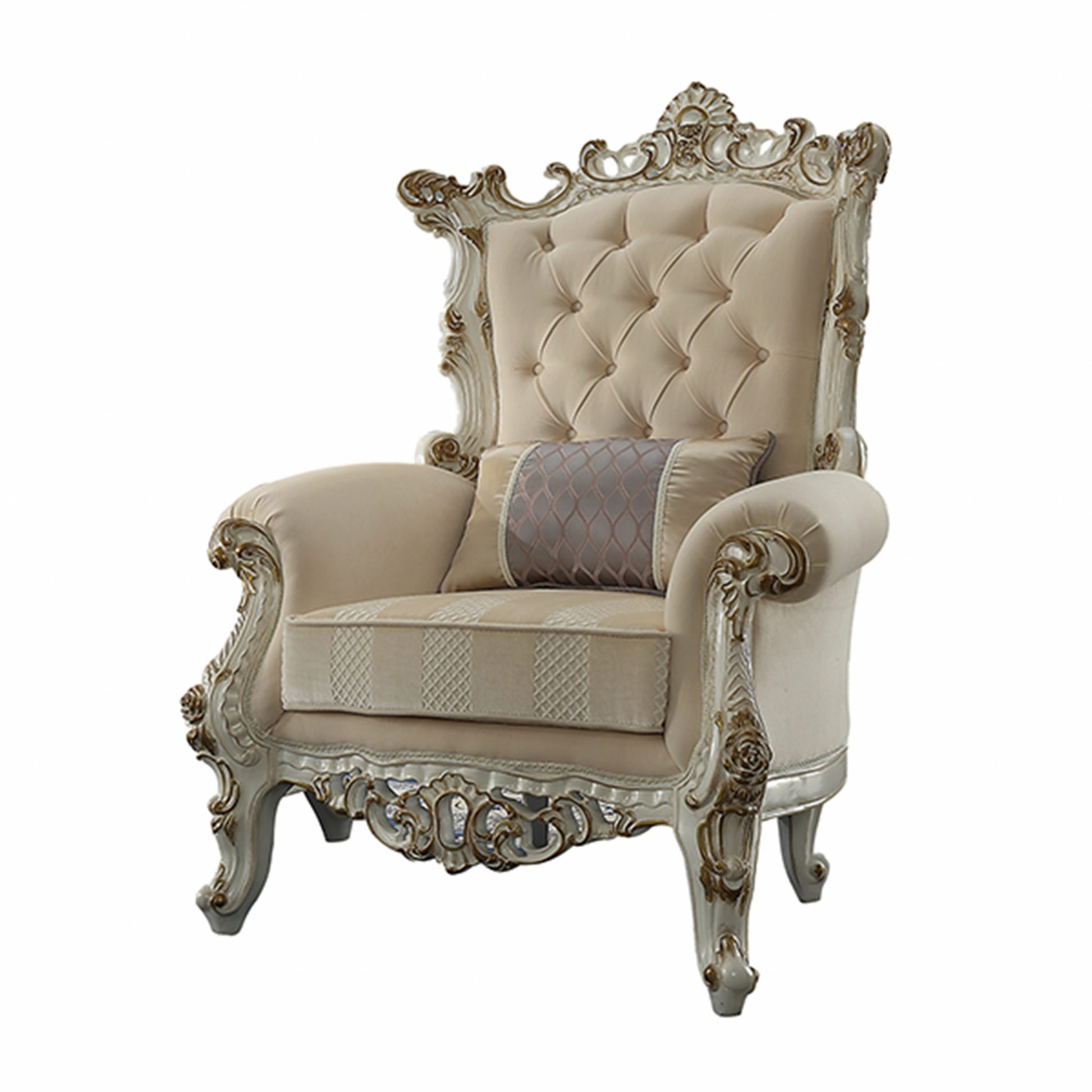 38" Pearl Fabric Striped Tufted Chesterfield Chair And Toss Pillow-Accent Chairs-DECOROLALA