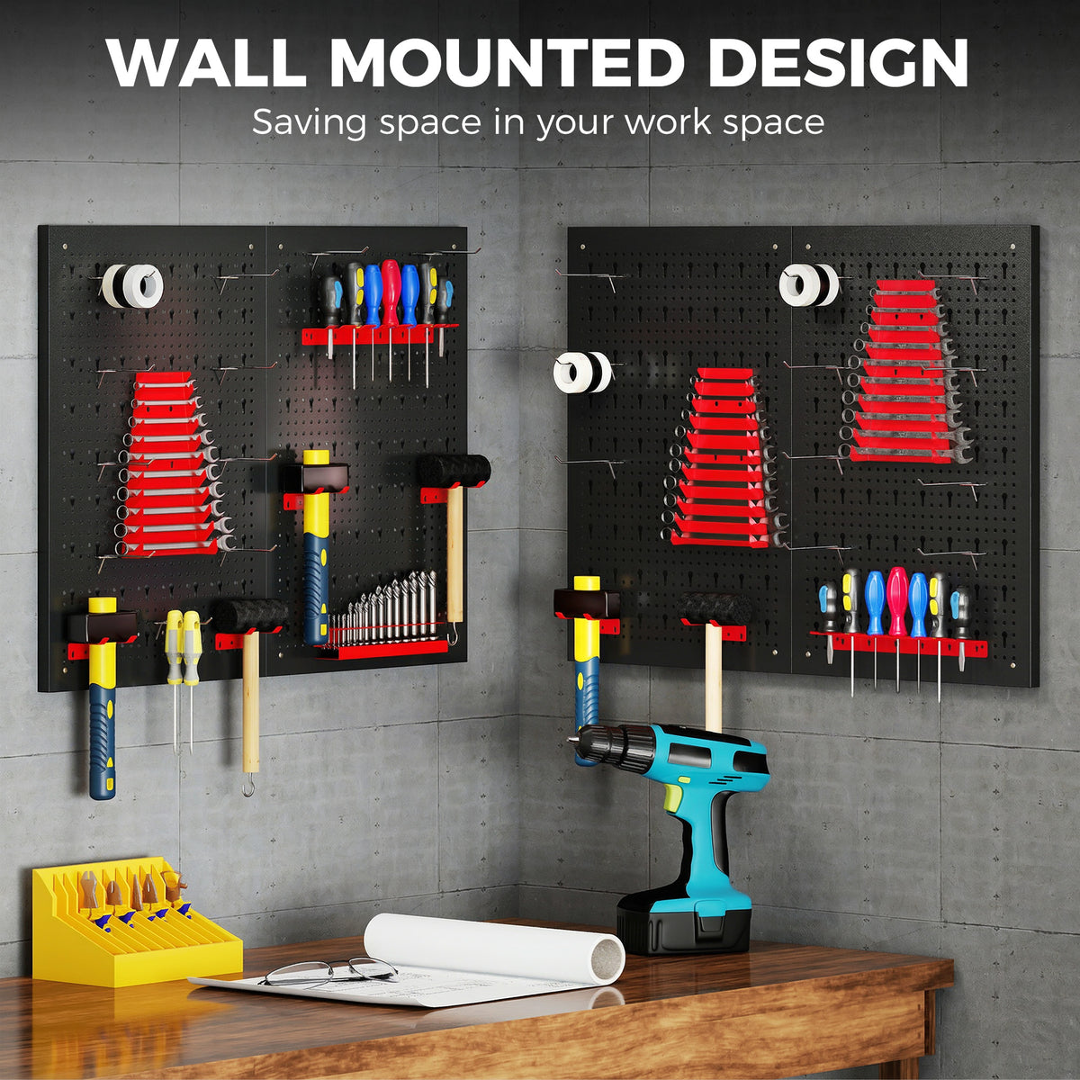 38-Piece Steel Pegboard Tool Organizer - Black and Red-Home Improvement > Tools > Tool Organizers-DECOROLALA
