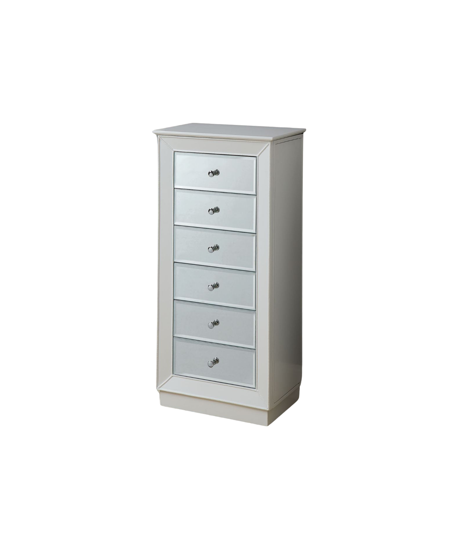 38" White Six Drawer Wood and Mirrored Glass Jewelry Armoire-Nightstands & Bedside Tables-DECOROLALA
