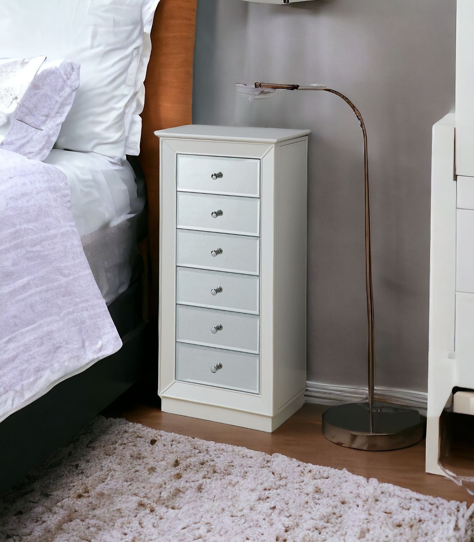 38" White Six Drawer Wood and Mirrored Glass Jewelry Armoire-Nightstands & Bedside Tables-DECOROLALA