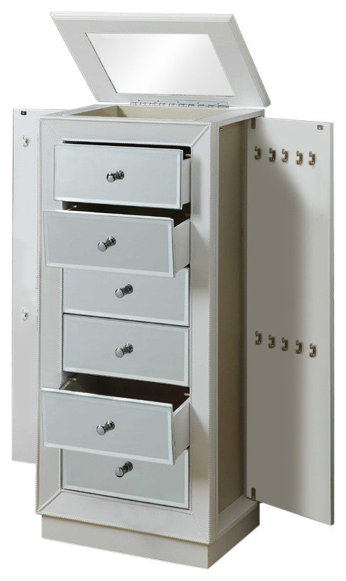 38" White Six Drawer Wood and Mirrored Glass Jewelry Armoire-Nightstands & Bedside Tables-DECOROLALA