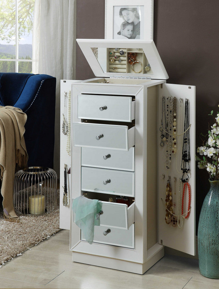 38" White Six Drawer Wood and Mirrored Glass Jewelry Armoire-Nightstands & Bedside Tables-DECOROLALA