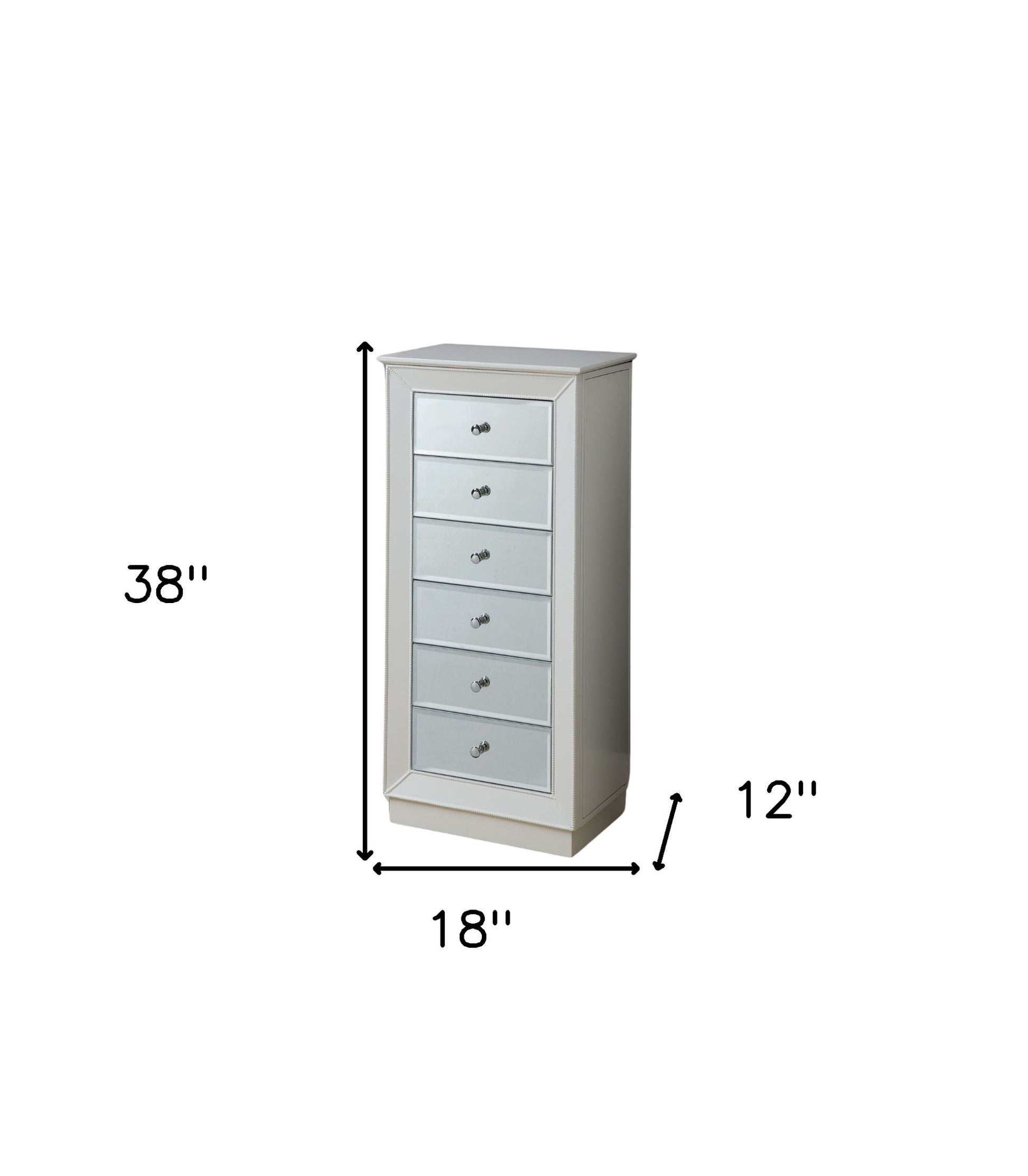 38" White Six Drawer Wood and Mirrored Glass Jewelry Armoire-Nightstands & Bedside Tables-DECOROLALA
