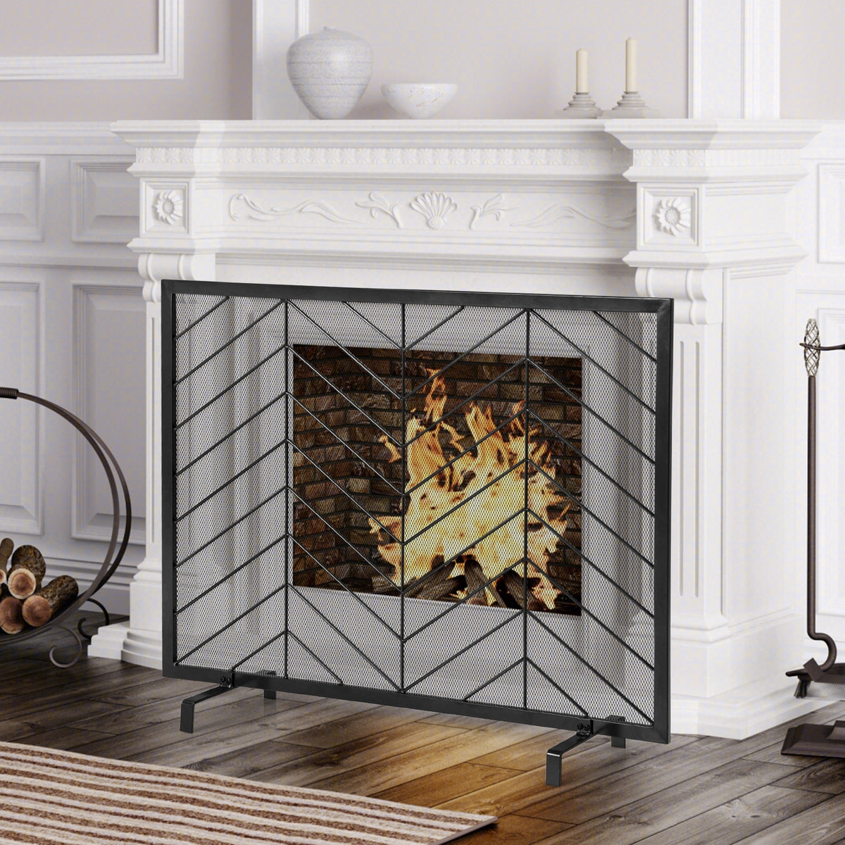 38 x 31 Inch Single Panel Fireplace Screen-Black-Fireplace Tools-DECOROLALA