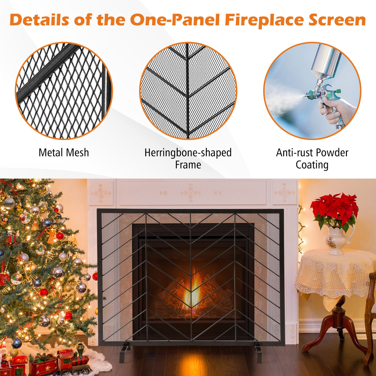 38 x 31 Inch Single Panel Fireplace Screen-Black-Fireplace Tools-DECOROLALA