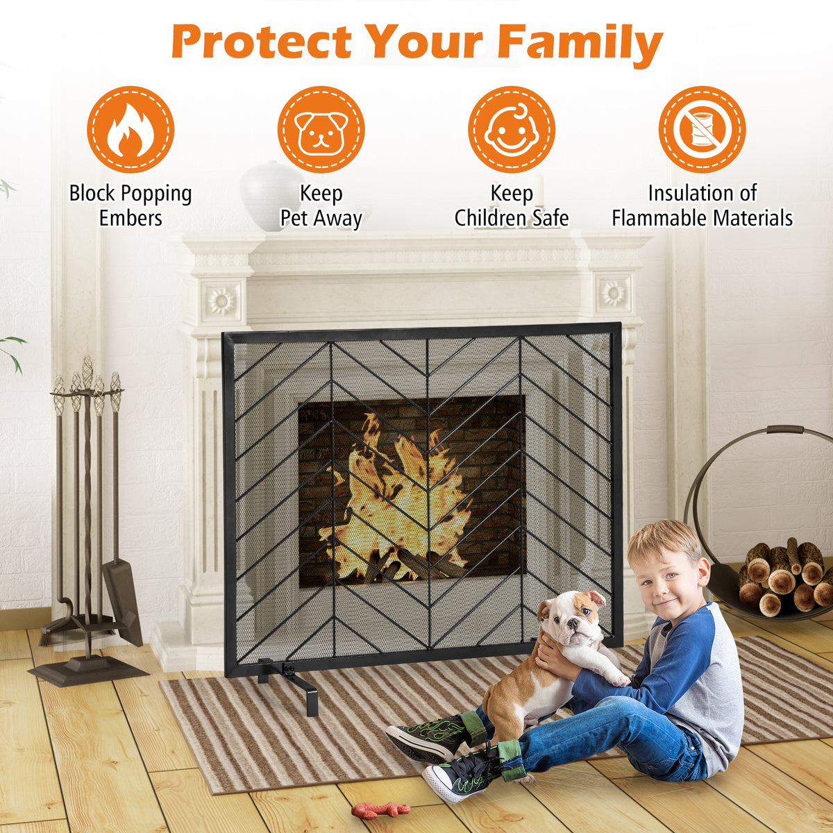 38 x 31 Inch Single Panel Fireplace Screen-Black-Fireplace Tools-DECOROLALA