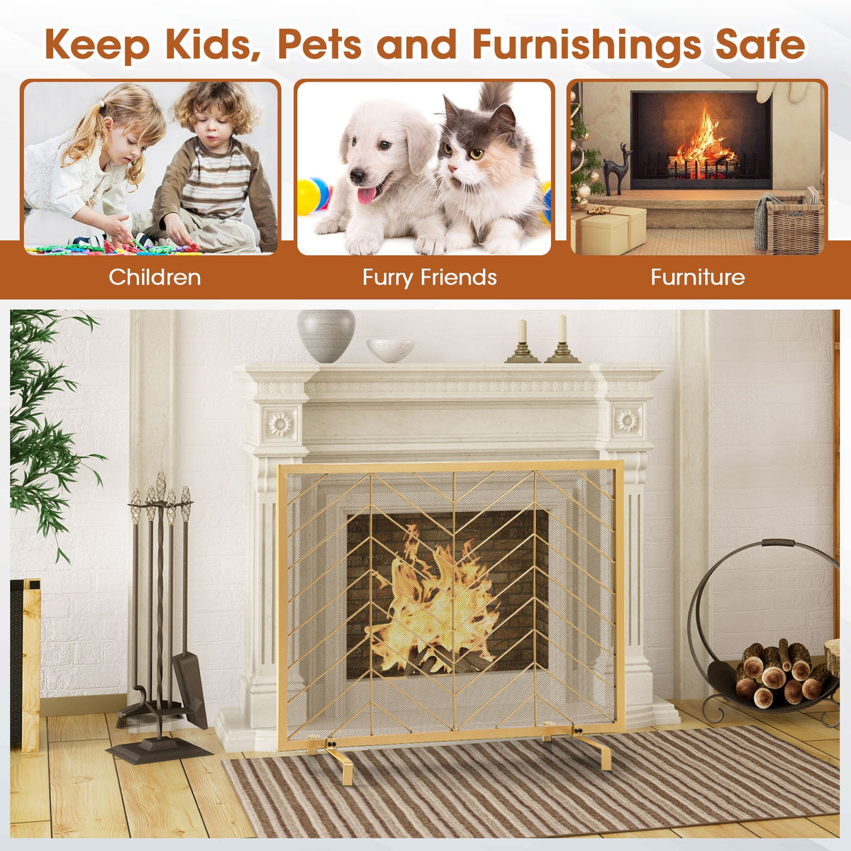 38 x 31 Inch Single Panel Fireplace Screen-Golden-Fireplace Tools-DECOROLALA