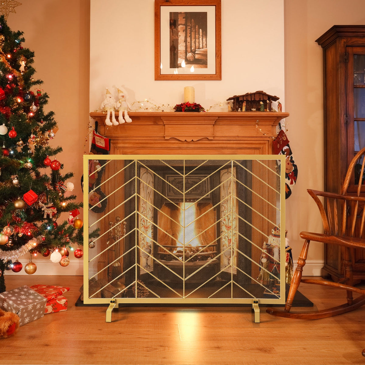 38 x 31 Inch Single Panel Fireplace Screen-Golden-Fireplace Tools-DECOROLALA
