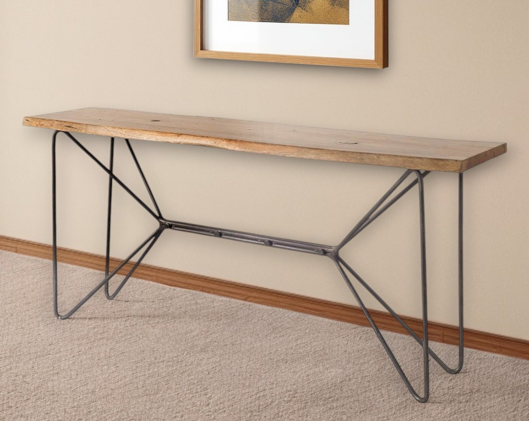 66" Brown and Black Solid Wood and Iron Abstract Base Console Table-Console Tables-DECOROLALA