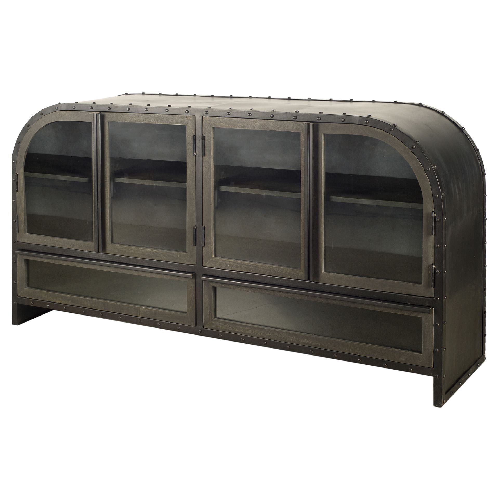62" Dark Brown Iron Two Drawer Sideboard with Four Glass Doors-Sideboards-DECOROLALA