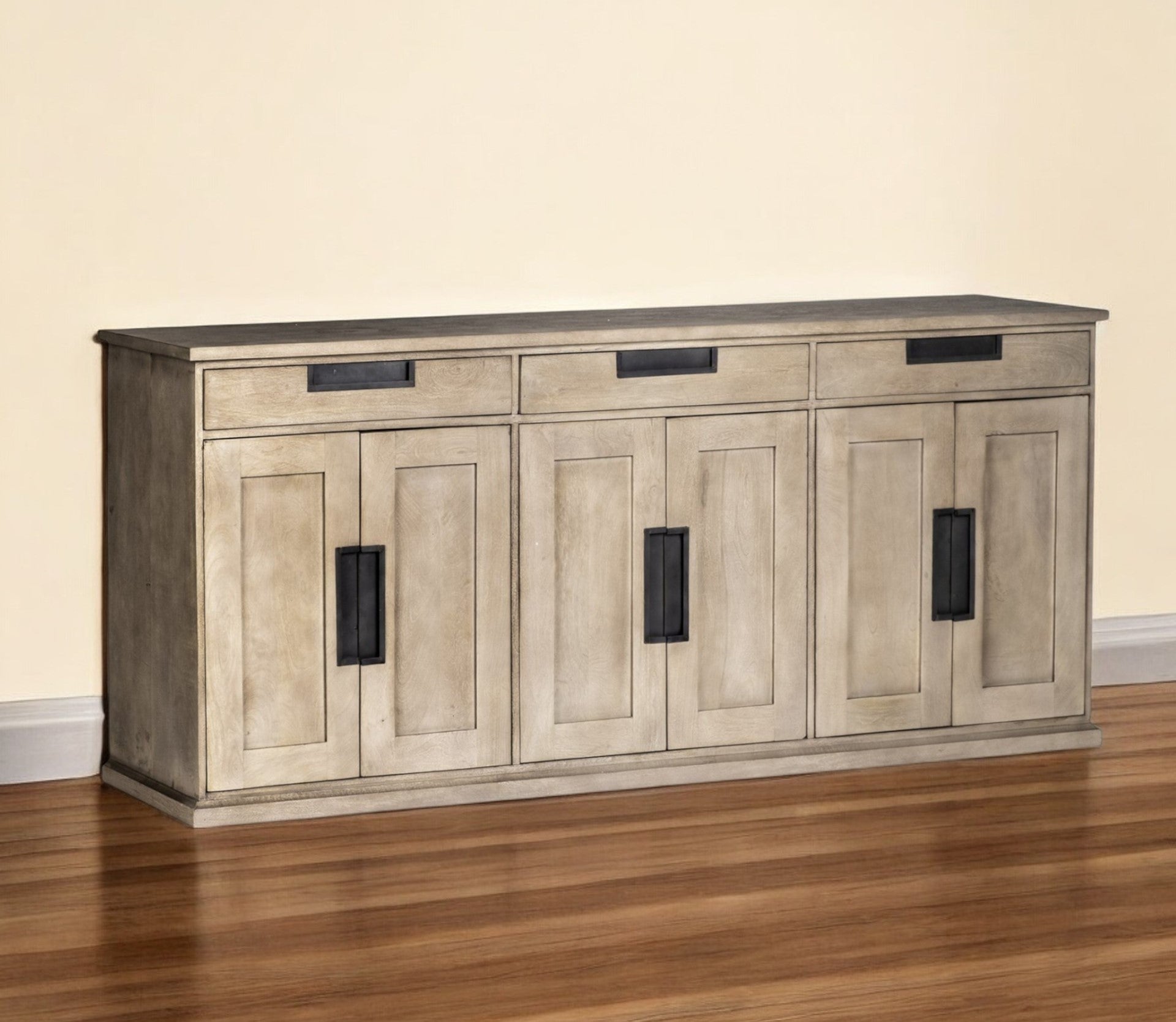 82" Brown Solid Wood Three Drawer Sideboard with Six Doors-0