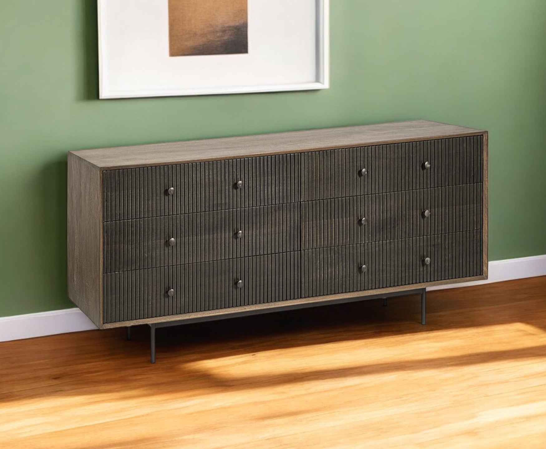 70" Brown and Black Solid Wood Six Drawer Sideboard-Sideboards-DECOROLALA