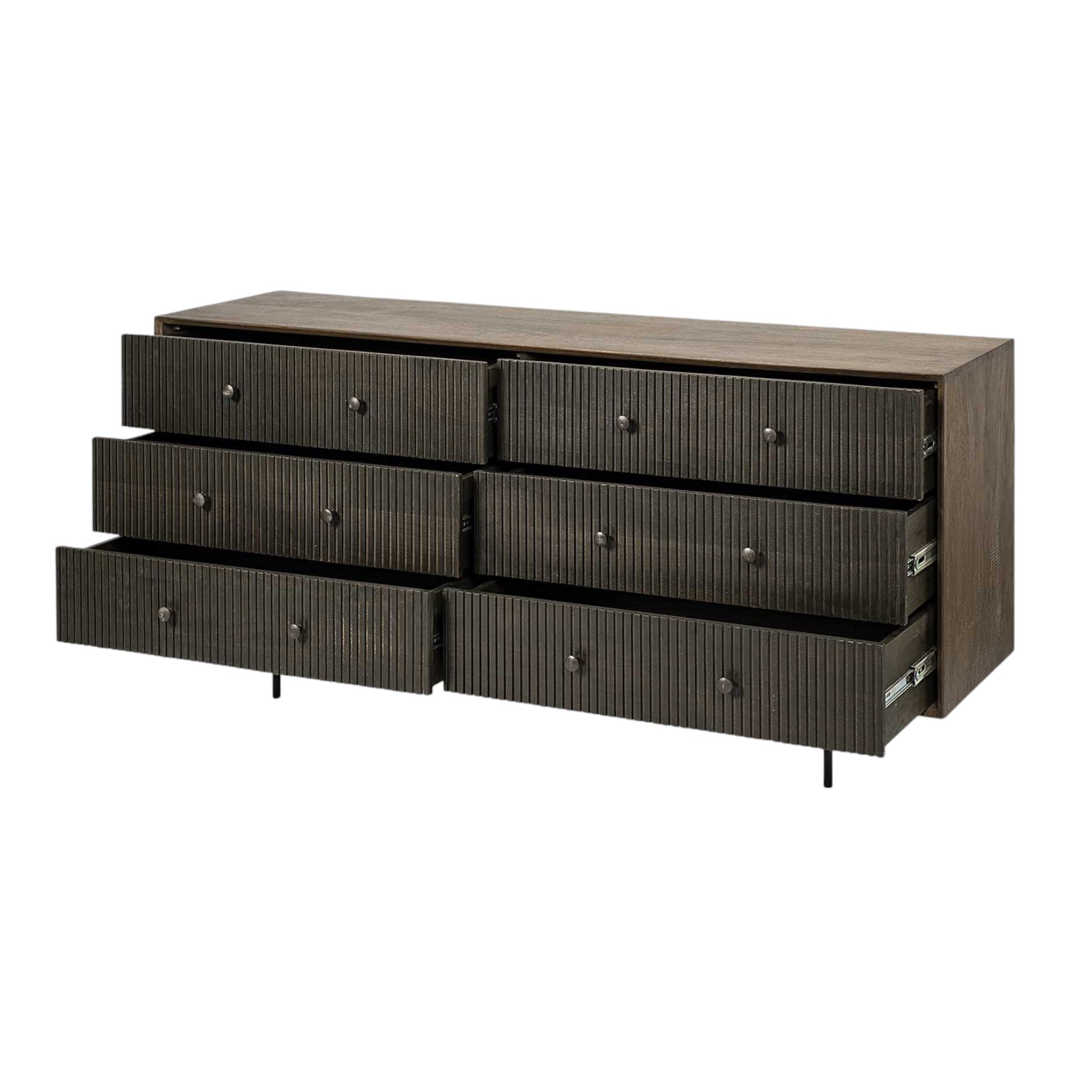 70" Brown and Black Solid Wood Six Drawer Sideboard-Sideboards-DECOROLALA