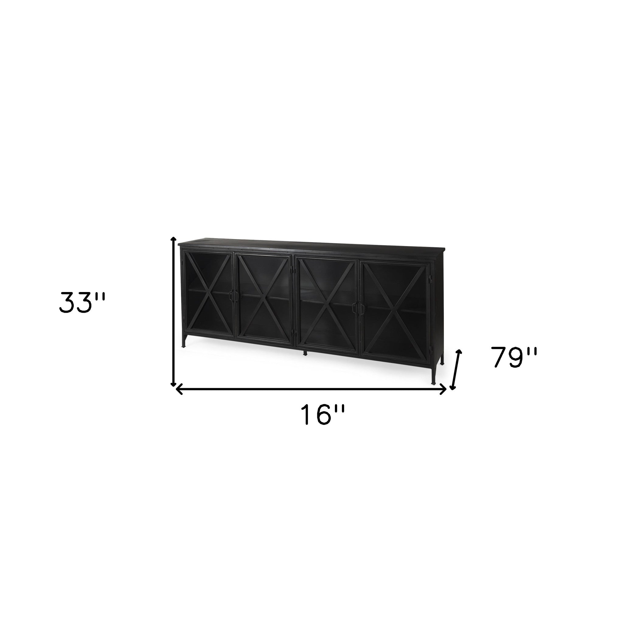 16" Black Iron Sideboard with Four Glass Doors-Sideboards-DECOROLALA