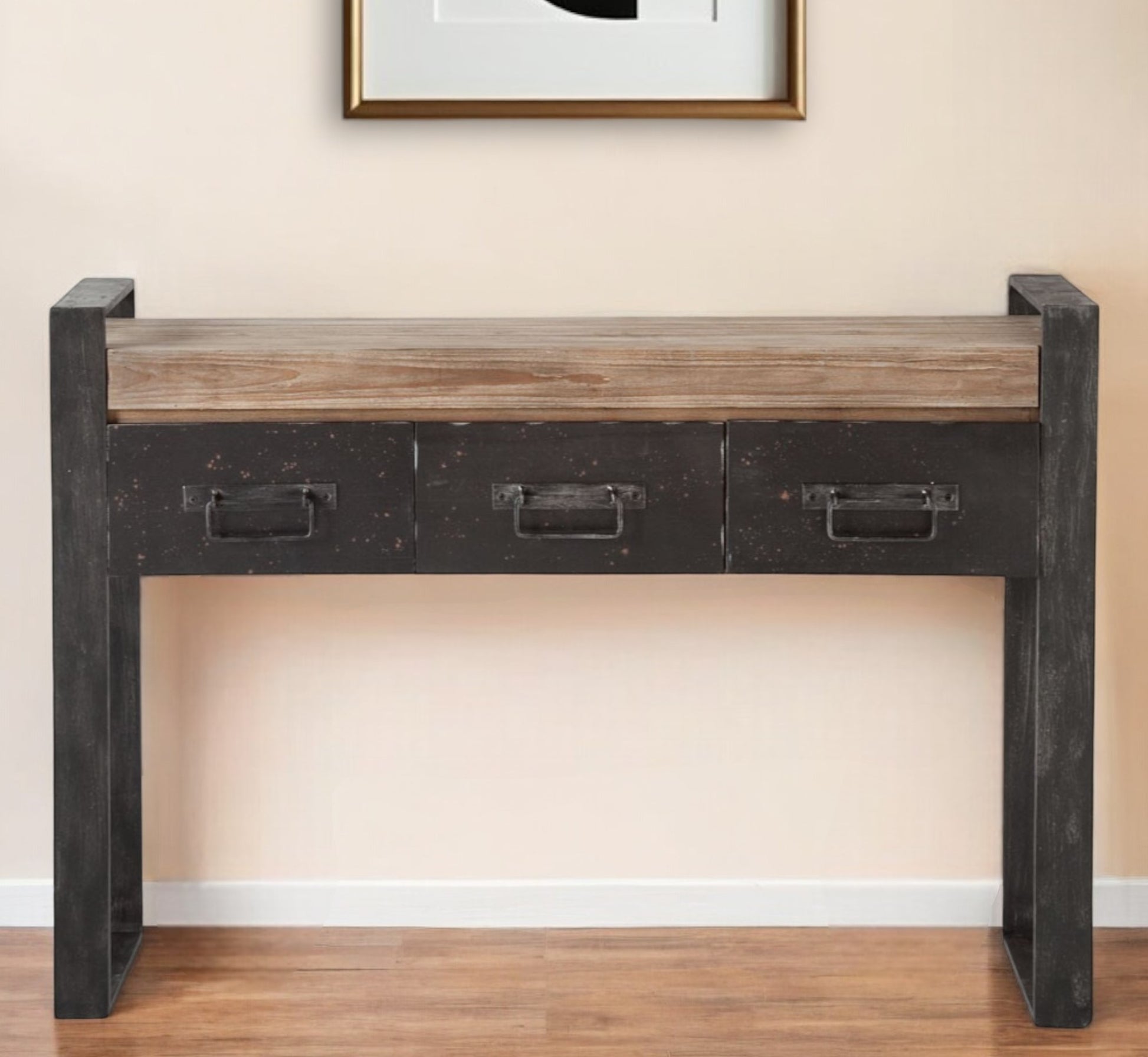 12" Brown and Black Solid Wood Sled Console Table And Drawers-Console Tables-DECOROLALA