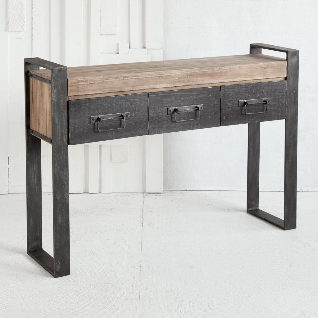 12" Brown and Black Solid Wood Sled Console Table And Drawers-Console Tables-DECOROLALA
